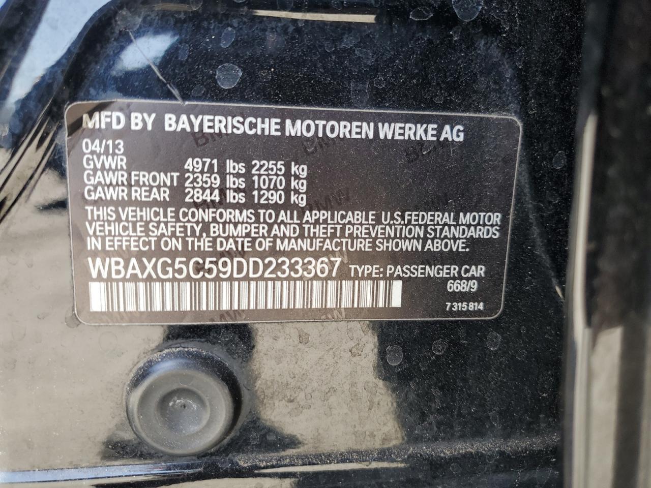 2013 BMW 528 I VIN: WBAXG5C59DD233367 Lot: 57156085