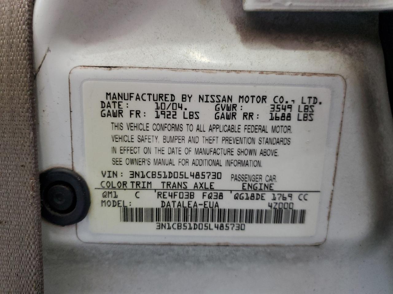 2005 Nissan Sentra 1.8 VIN: 3N1CB51D05L485730 Lot: 55803765