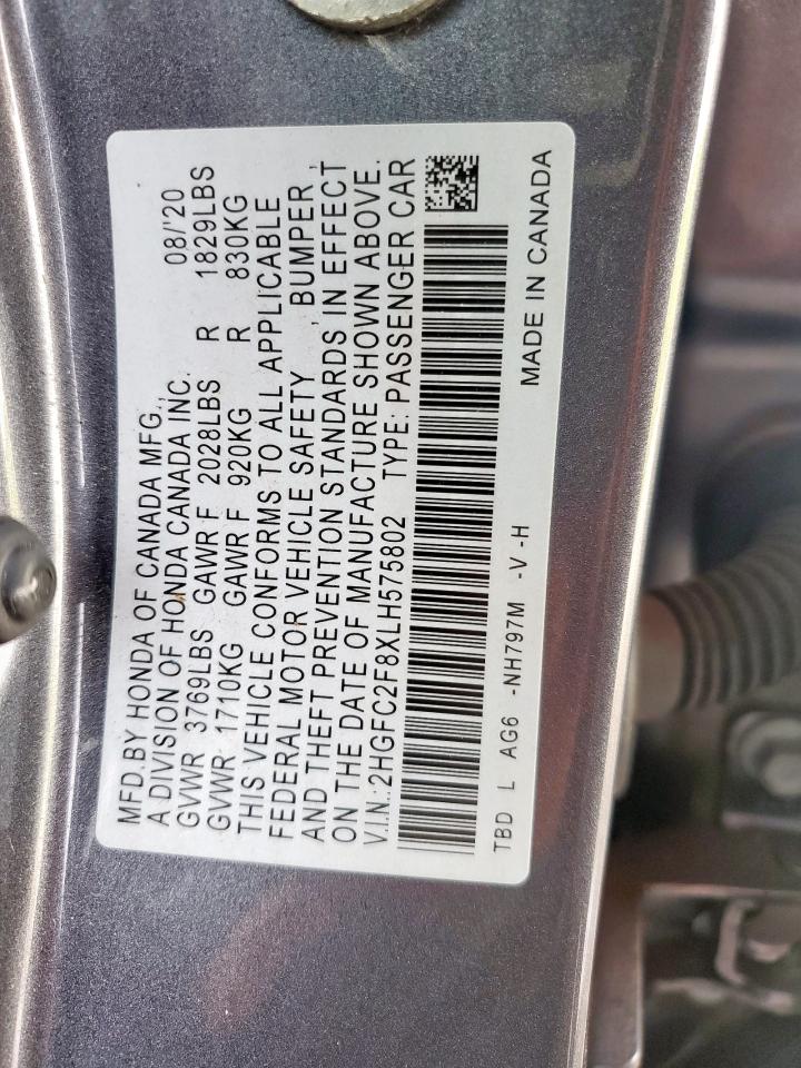 2020 Honda Civic Sport VIN: 2HGFC2F8XLH575802 Lot: 56420165