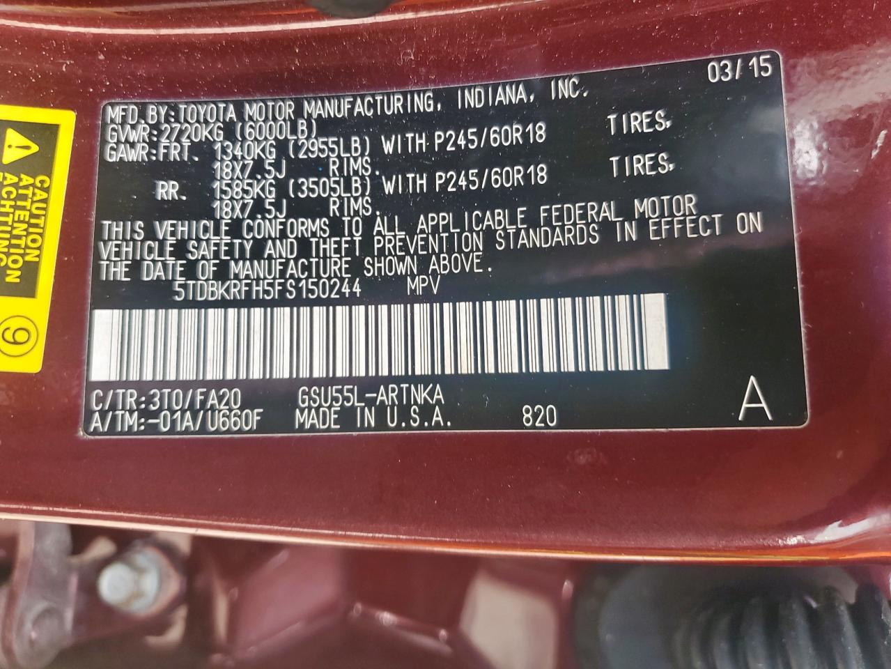 2015 Toyota Highlander Le VIN: 5TDBKRFH5FS150244 Lot: 56795895