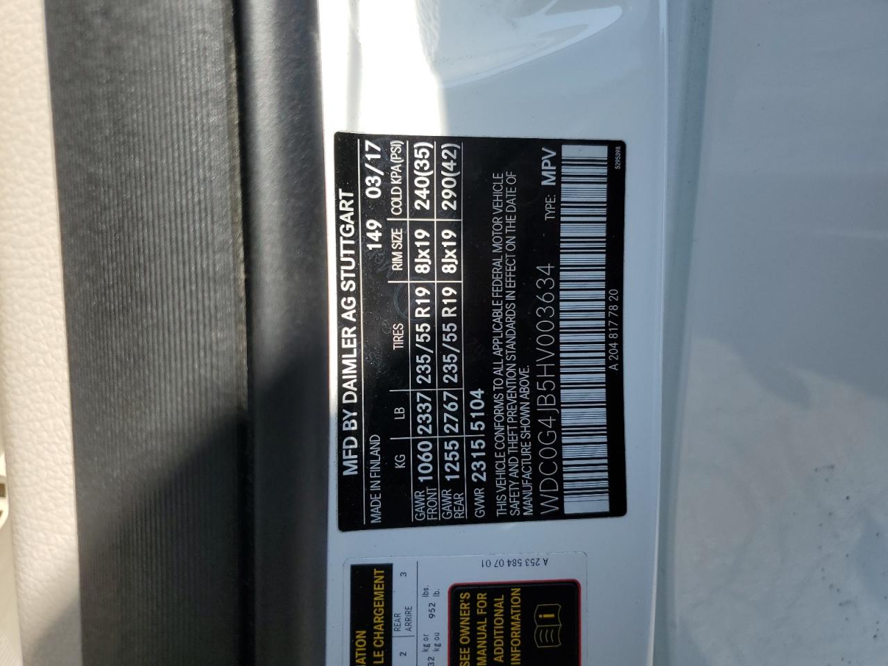2017 Mercedes-Benz Glc 300 VIN: WDC0G4JB5HV003634 Lot: 57157355