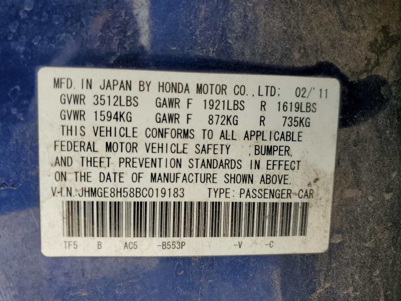 2011 Honda Fit Sport VIN: JHMGE8H58BC019183 Lot: 56984845