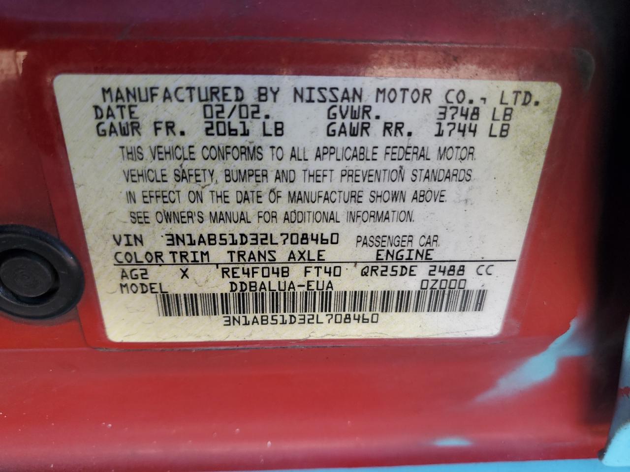 2002 Nissan Sentra Se-R Spec V VIN: 3N1AB51D32L708460 Lot: 58191475