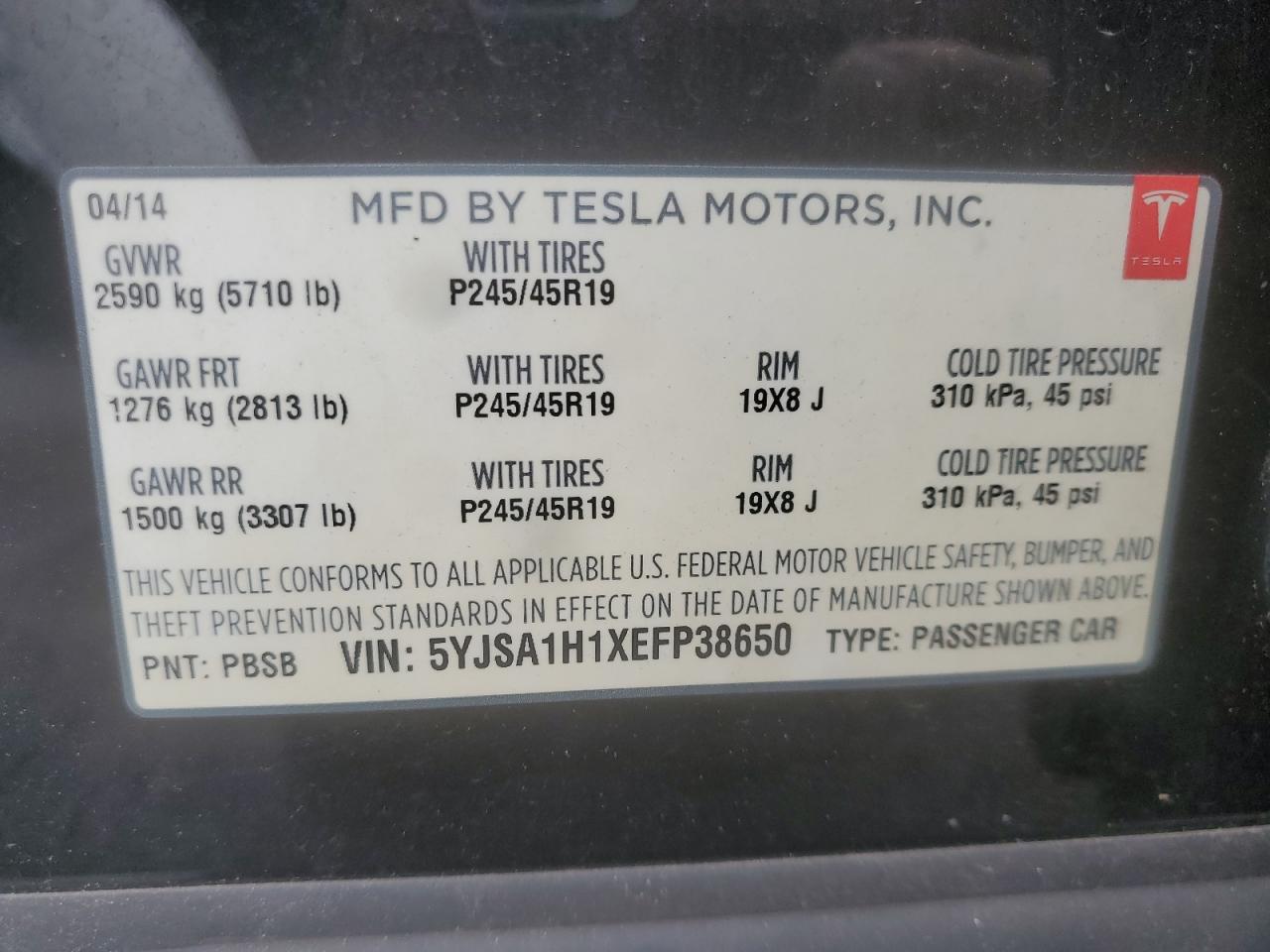 2014 Tesla Model S VIN: 5YJSA1H1XEFP38650 Lot: 57150735