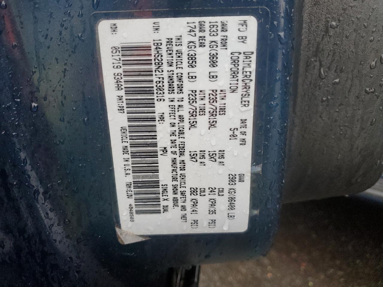 2001 Dodge Durango VIN: 1B4HS28N21F630316 Lot: 56474065
