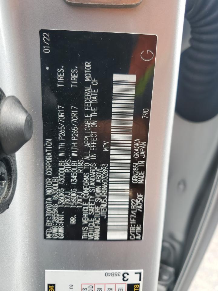 2022 Toyota 4Runner Sr5/Sr5 Premium VIN: JTENU5JR8N6032893 Lot: 56591825