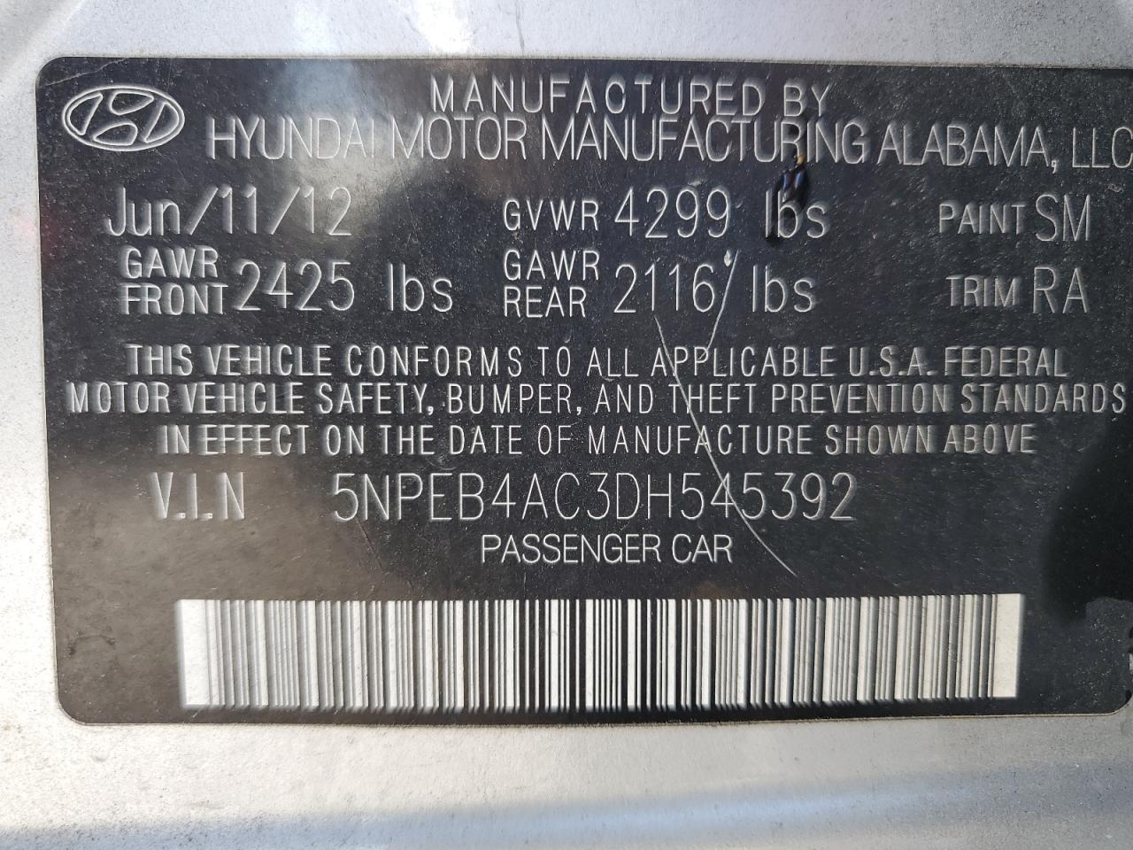 2013 Hyundai Sonata Gls VIN: 5NPEB4AC3DH545392 Lot: 56797805