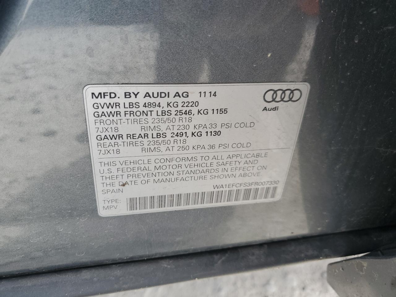 2015 Audi Q3 Premium Plus VIN: WA1EFCFS3FR007330 Lot: 56734185
