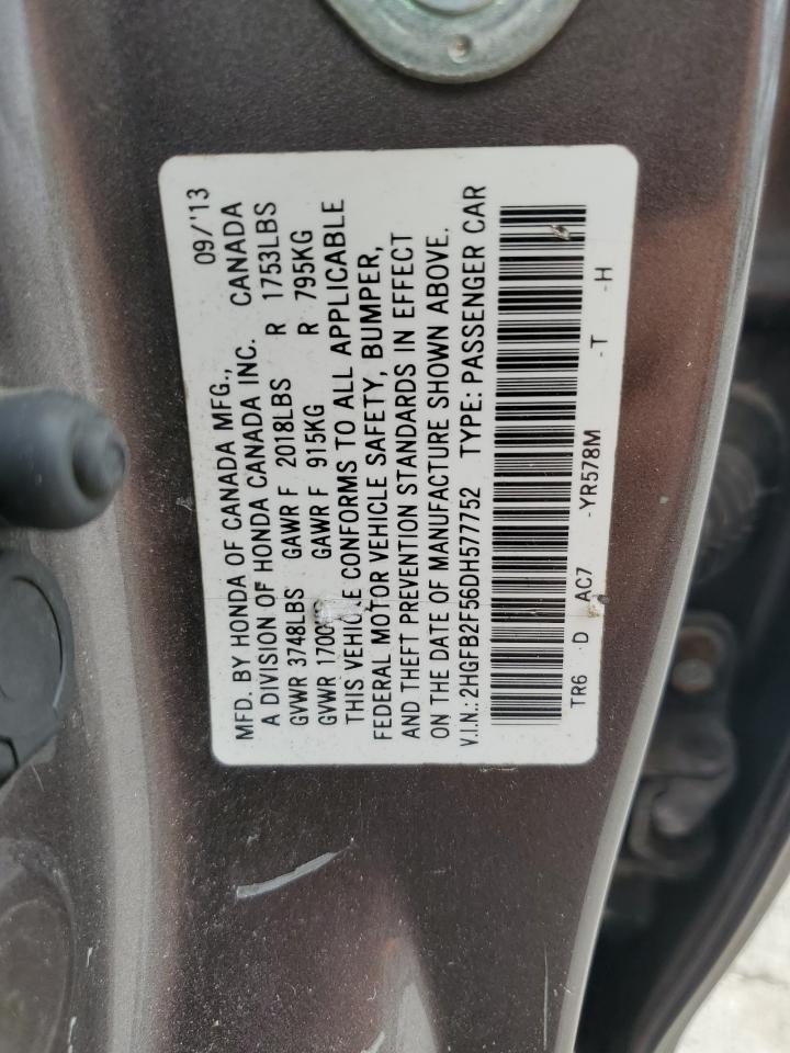 2013 Honda Civic Lx VIN: 2HGFB2F56DH577752 Lot: 55947205