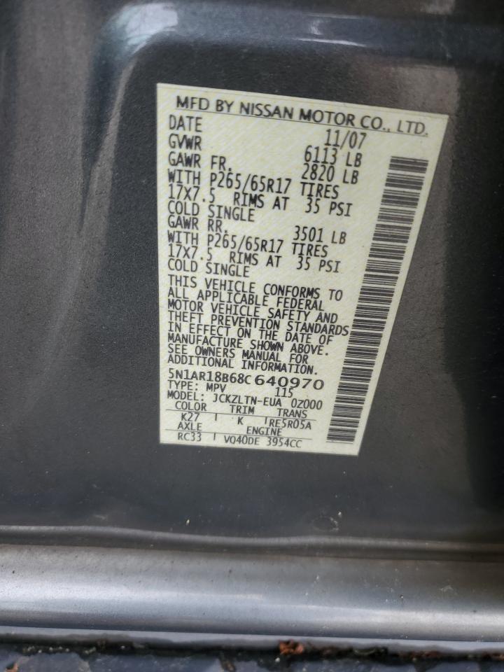 2008 Nissan Pathfinder S VIN: 5N1AR18B68C640970 Lot: 55920745