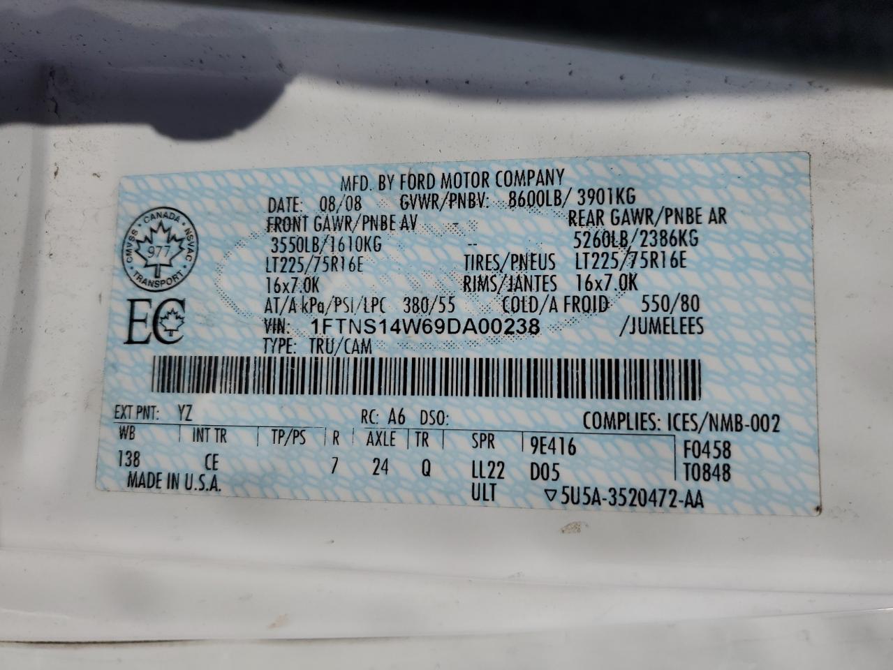 2009 Ford Econoline E150 Van VIN: 1FTNS14W69DA00238 Lot: 56038935