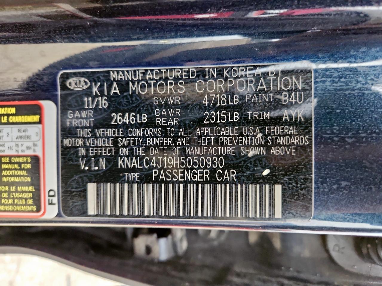 2017 Kia Cadenza Premium VIN: KNALC4J19H5050930 Lot: 58514605