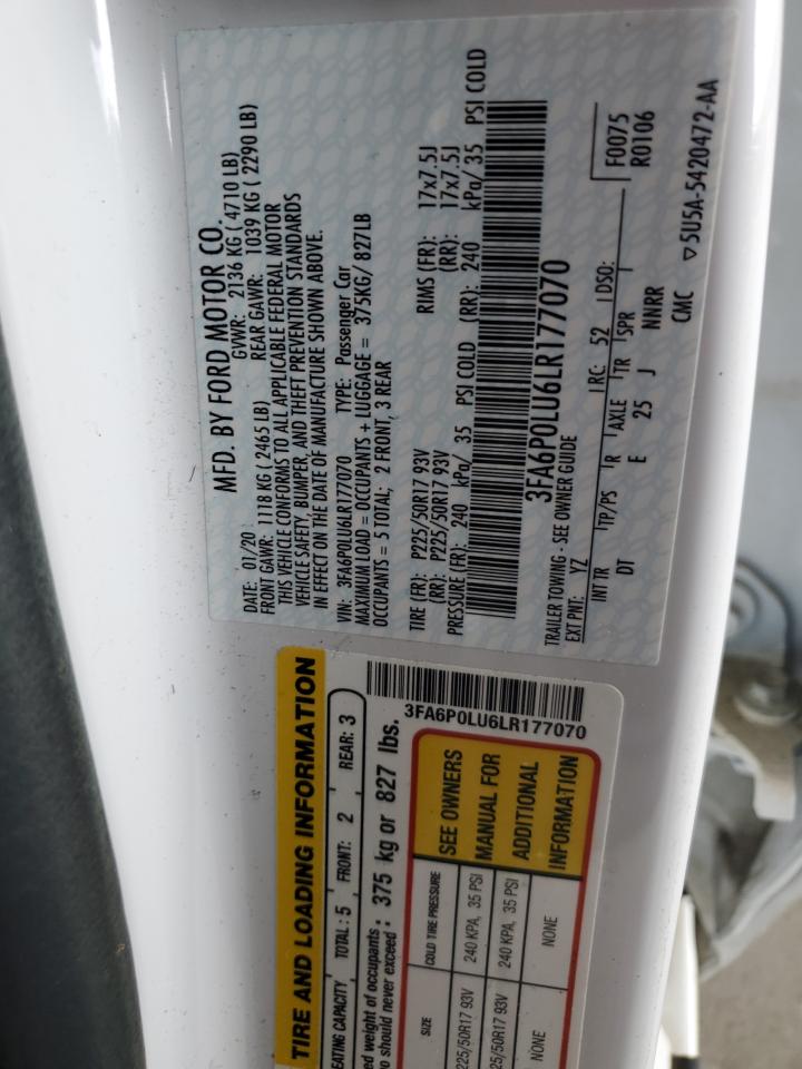 2020 Ford Fusion Se VIN: 3FA6P0LU6LR177070 Lot: 54036955