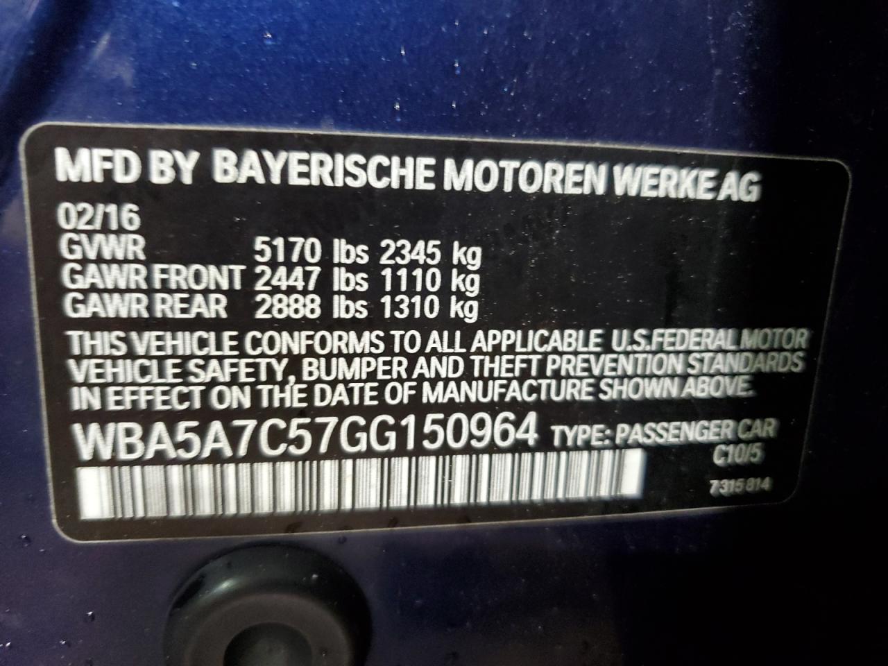 2016 BMW 528 Xi VIN: WBA5A7C57GG150964 Lot: 56468805