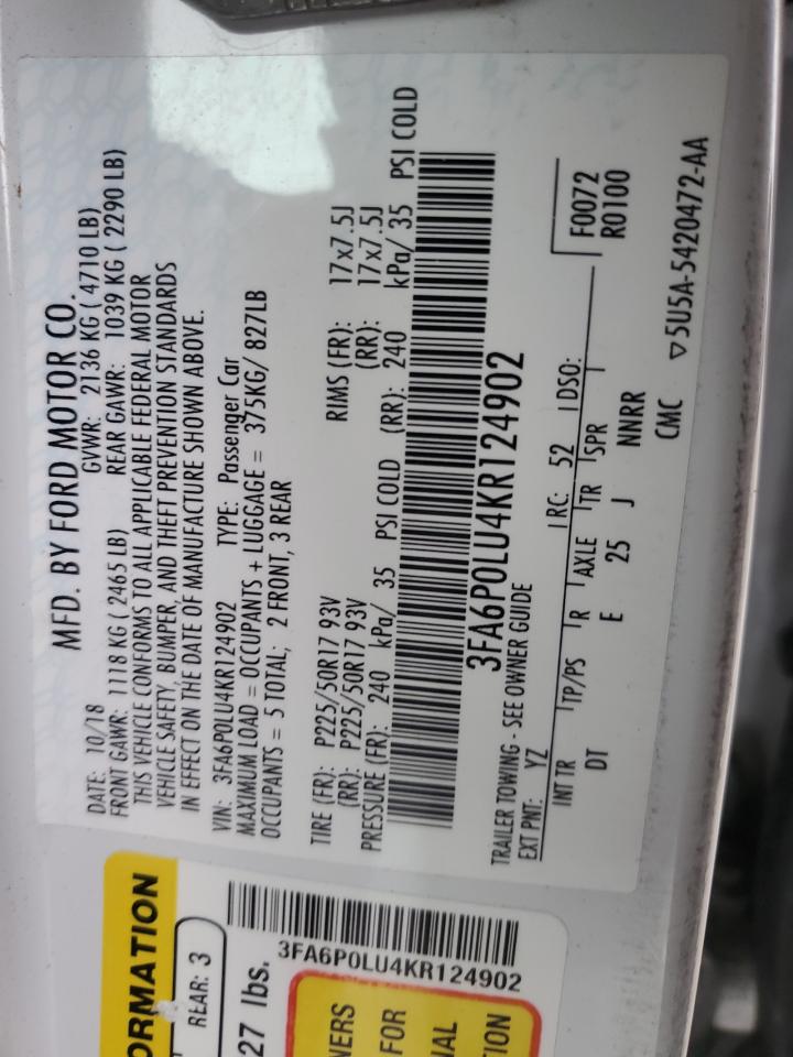 2019 Ford Fusion Se VIN: 3FA6P0LU4KR124902 Lot: 54042635