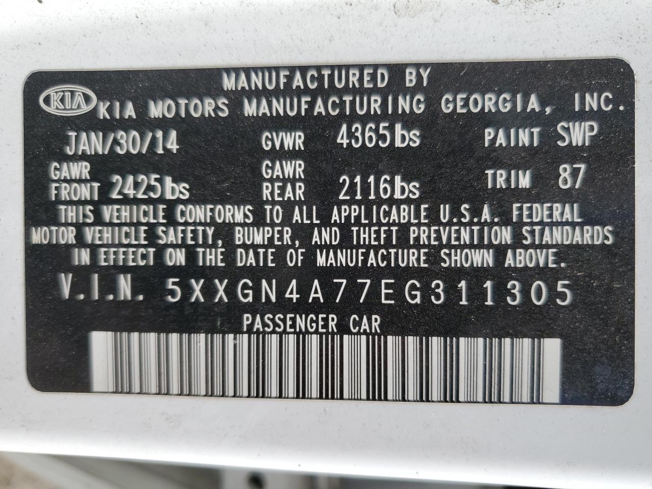 2014 Kia Optima Ex VIN: 5XXGN4A77EG311305 Lot: 57124525