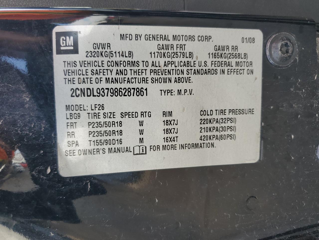 2008 Chevrolet Equinox Sport VIN: 2CNDL937986287861 Lot: 57251165