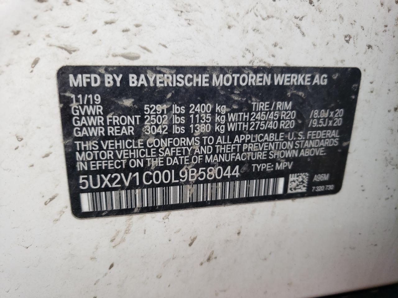 2020 BMW X4 xDrive30I VIN: 5UX2V1C00L9B58044 Lot: 56186595