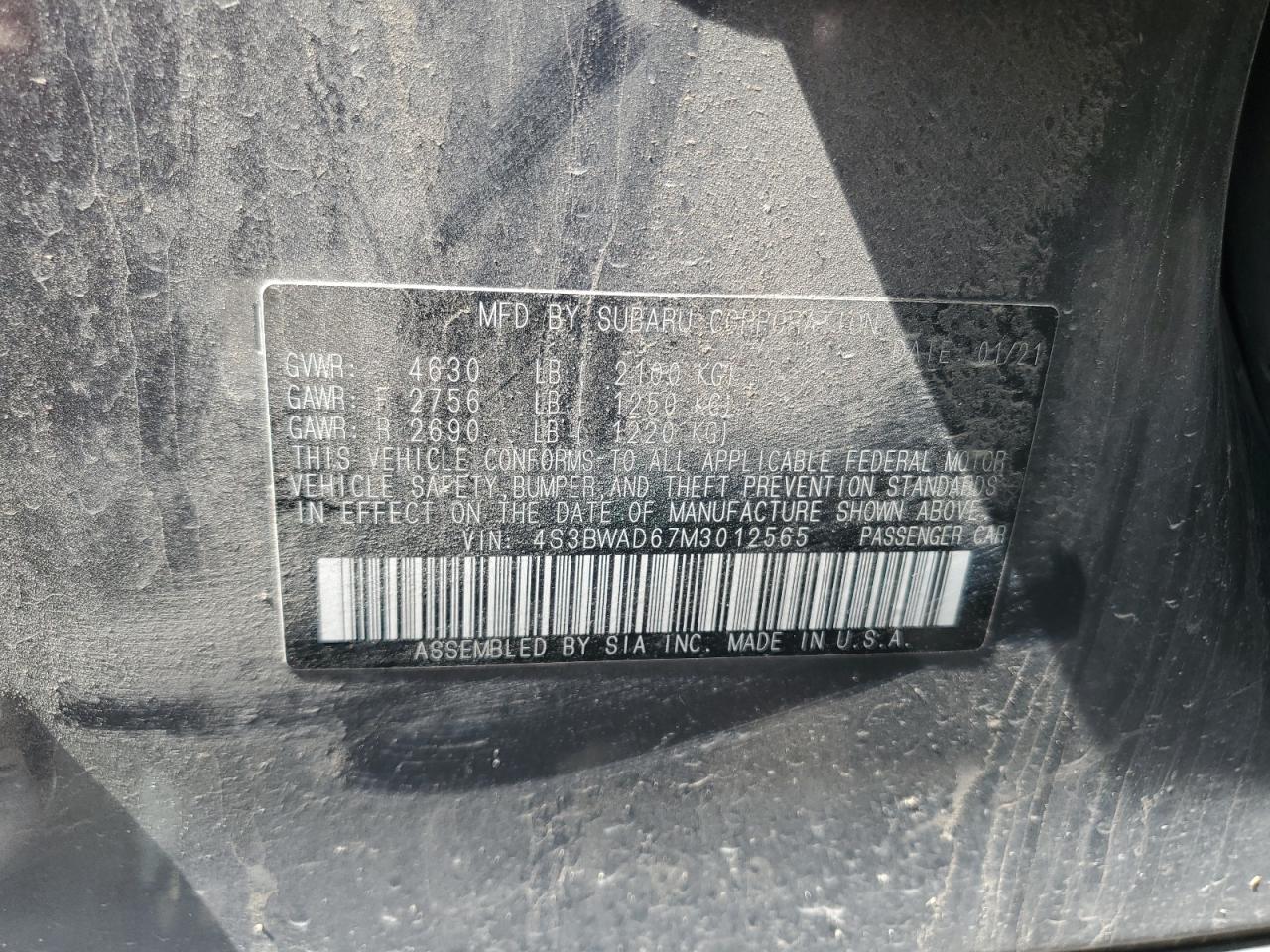 2021 Subaru Legacy Premium VIN: 4S3BWAD67M3012565 Lot: 58920295