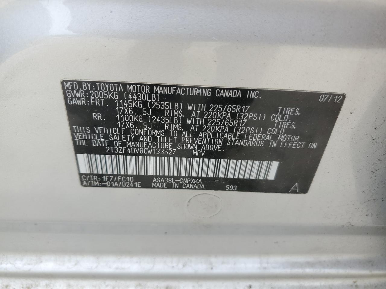 2012 Toyota Rav4 VIN: 2T3ZF4DV8CW133527 Lot: 58350235