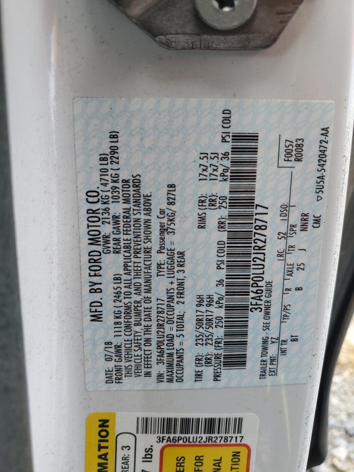 2018 Ford Fusion Se Hybrid VIN: 3FA6P0LU2JR278717 Lot: 54042885