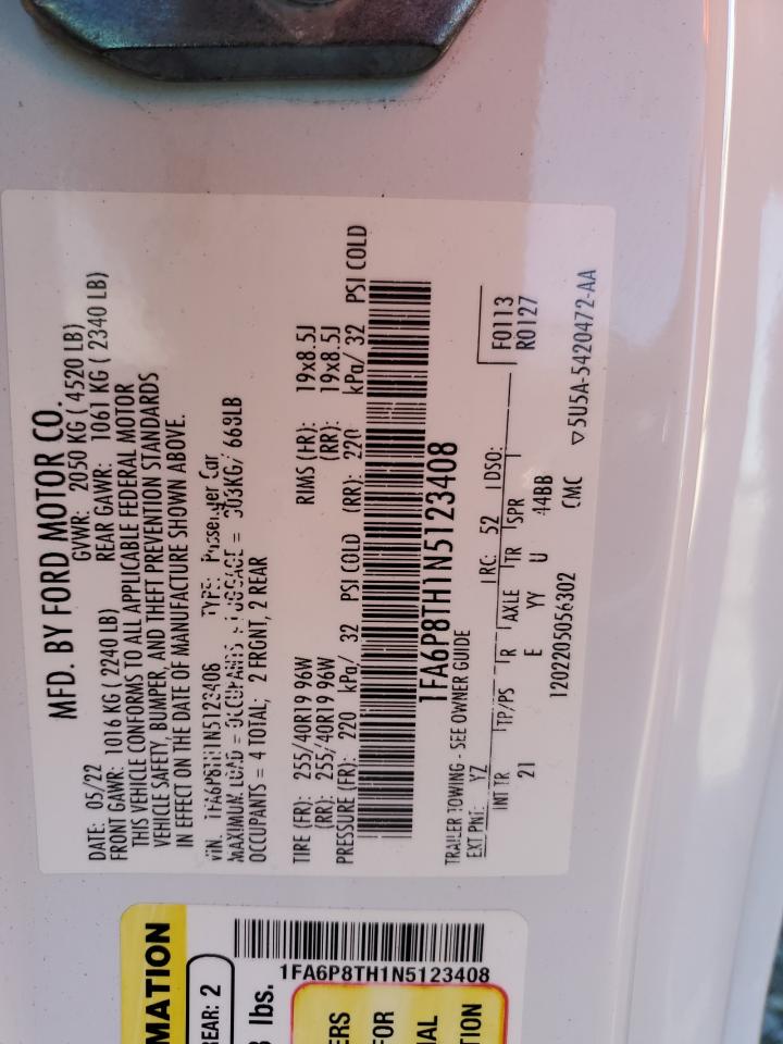 2022 Ford Mustang VIN: 1FA6P8TH1N5123408 Lot: 56150915