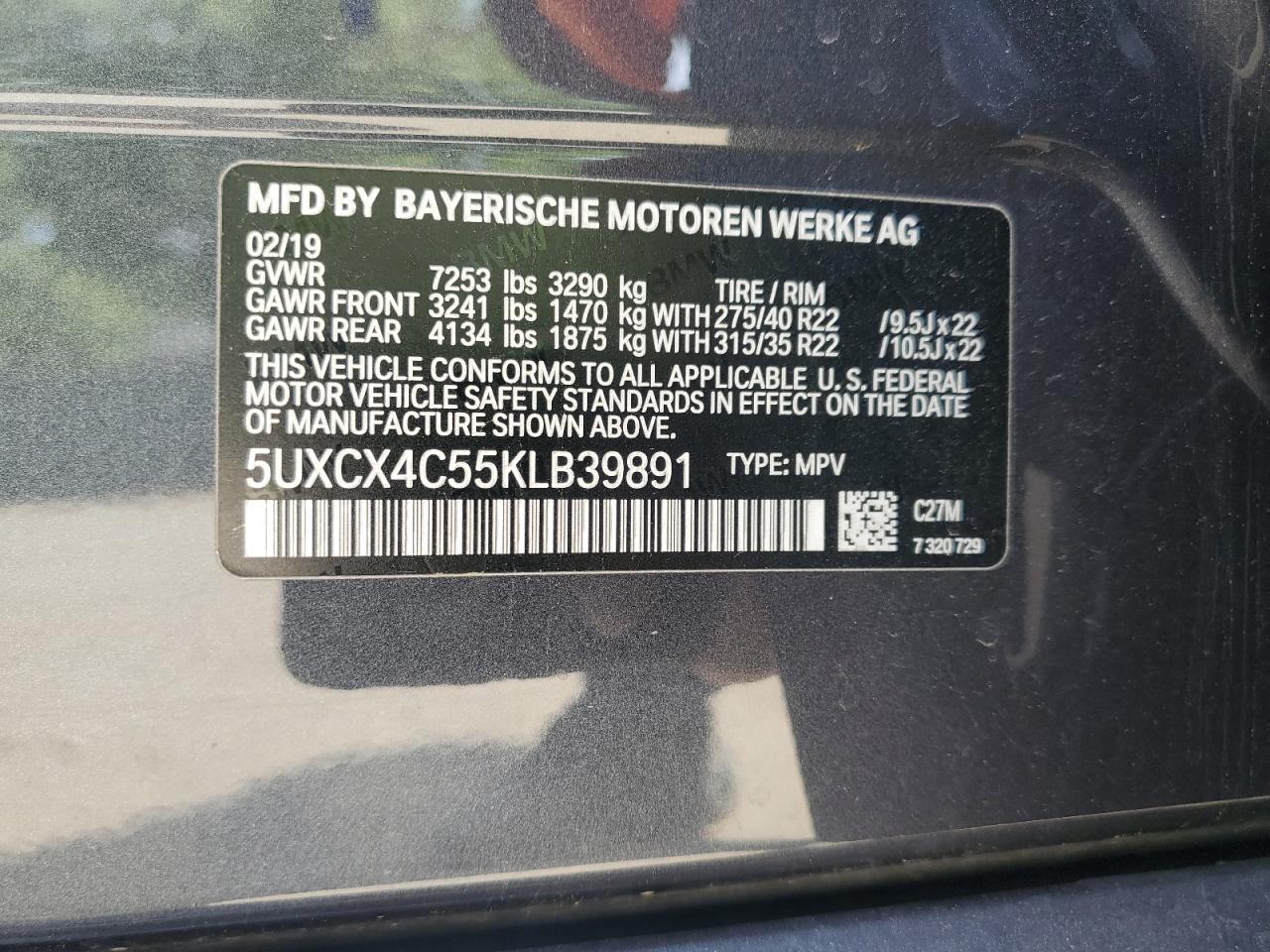 2019 BMW X7 xDrive50I VIN: 5UXCX4C55KLB39891 Lot: 54936275