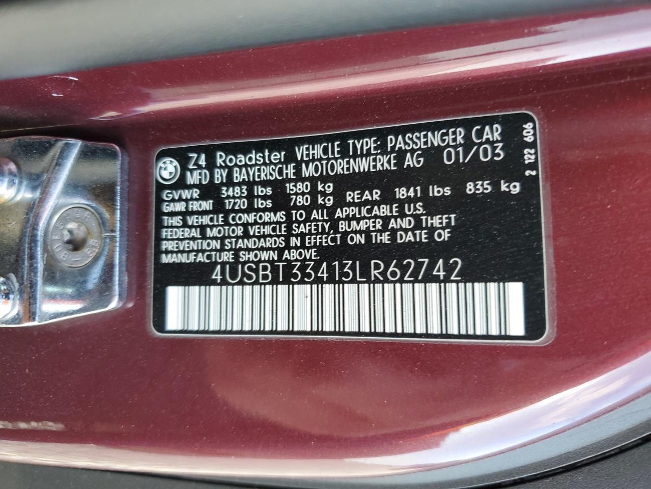 2003 BMW Z4 2.5 VIN: 4USBT33413LR62742 Lot: 55074885