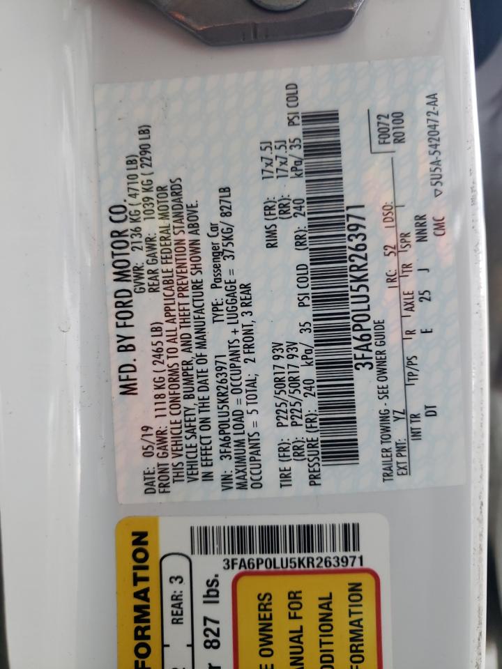 2019 Ford Fusion Se VIN: 3FA6P0LU5KR263971 Lot: 54025955