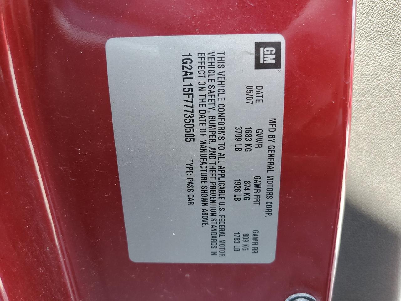 2007 Pontiac G5 VIN: 1G2AL15F777350505 Lot: 57496925