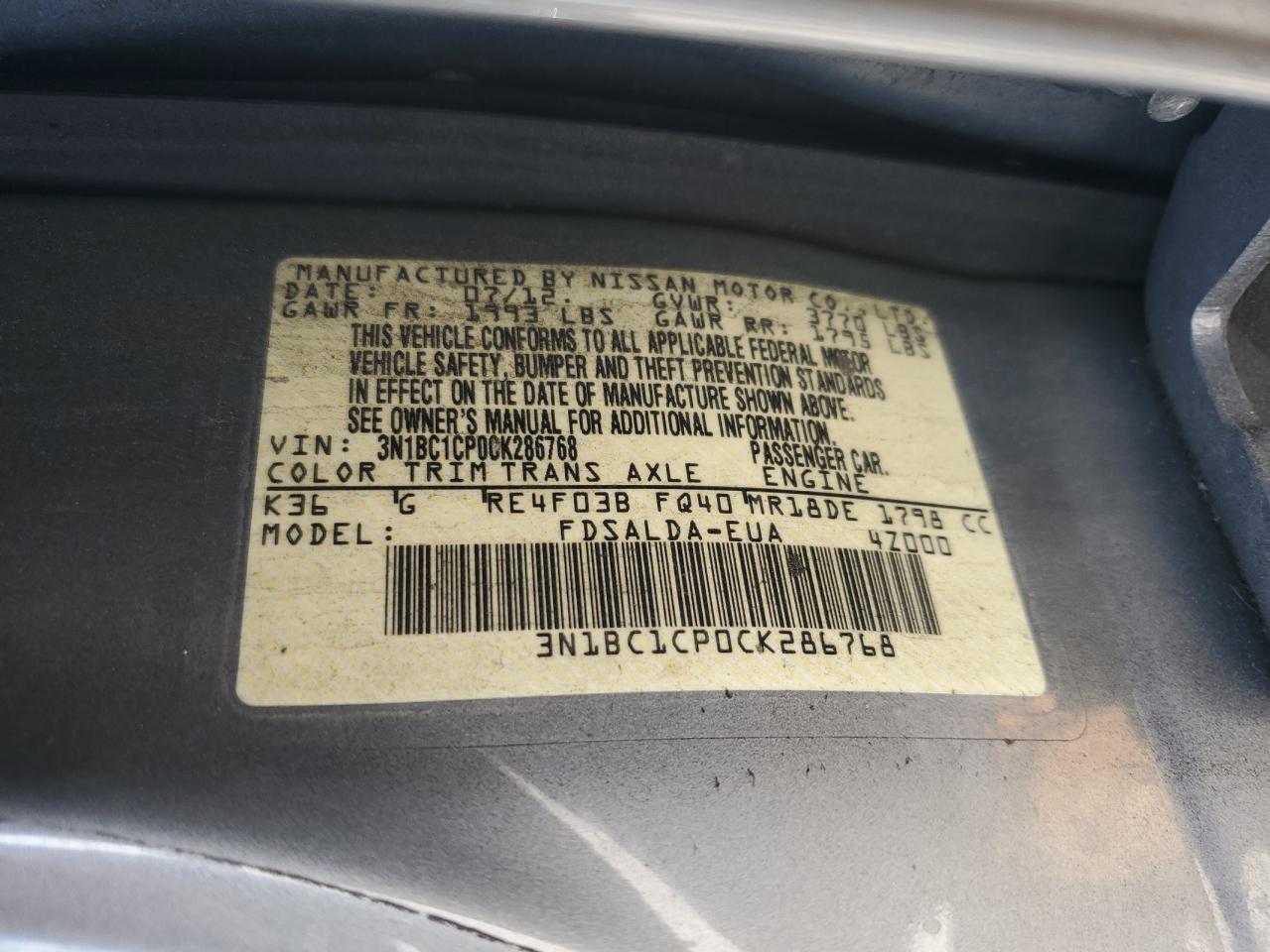 2012 Nissan Versa S VIN: 3N1BC1CP0CK286768 Lot: 57524645