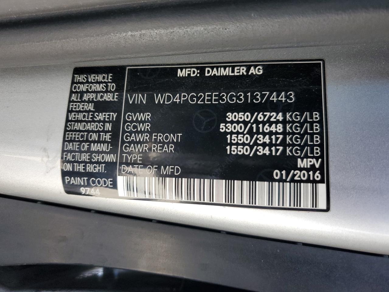 2016 Mercedes-Benz Metris VIN: WD4PG2EE3G3137443 Lot: 56972475