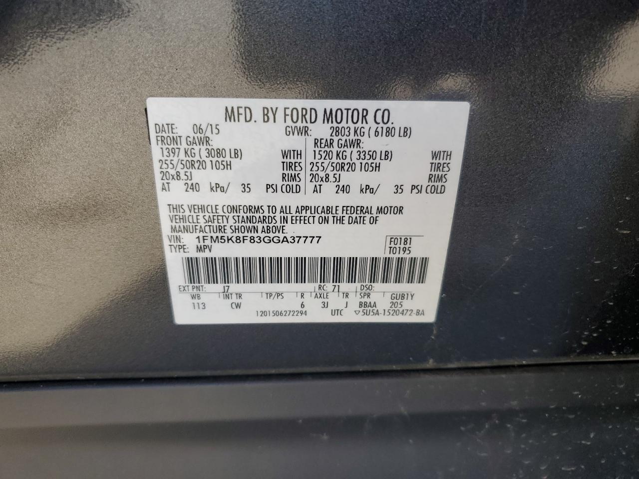 2016 Ford Explorer Limited VIN: 1FM5K8F83GGA37777 Lot: 56915855
