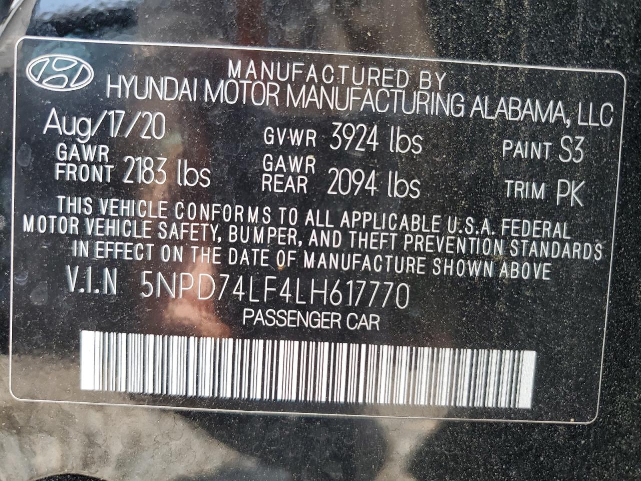2020 Hyundai Elantra Se VIN: 5NPD74LF4LH617770 Lot: 58924665