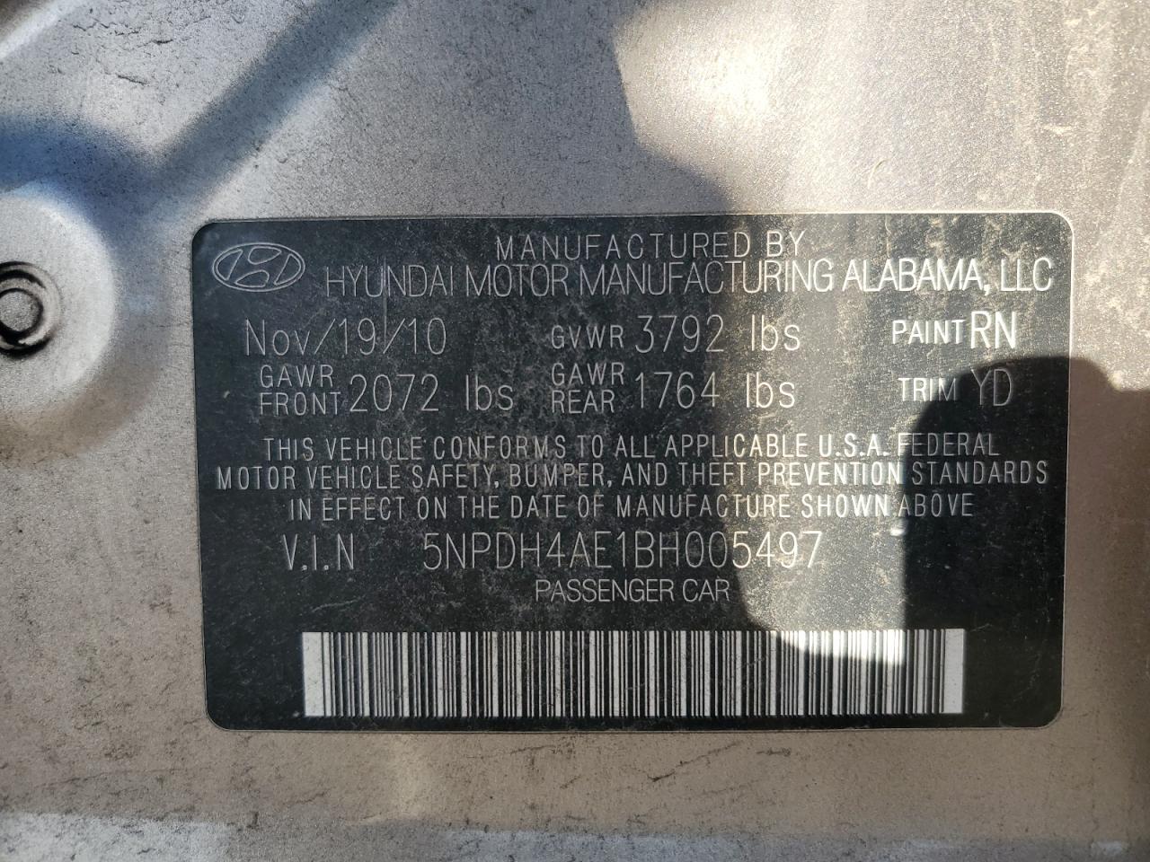 2011 Hyundai Elantra Gls VIN: 5NPDH4AE1BH005497 Lot: 57541665