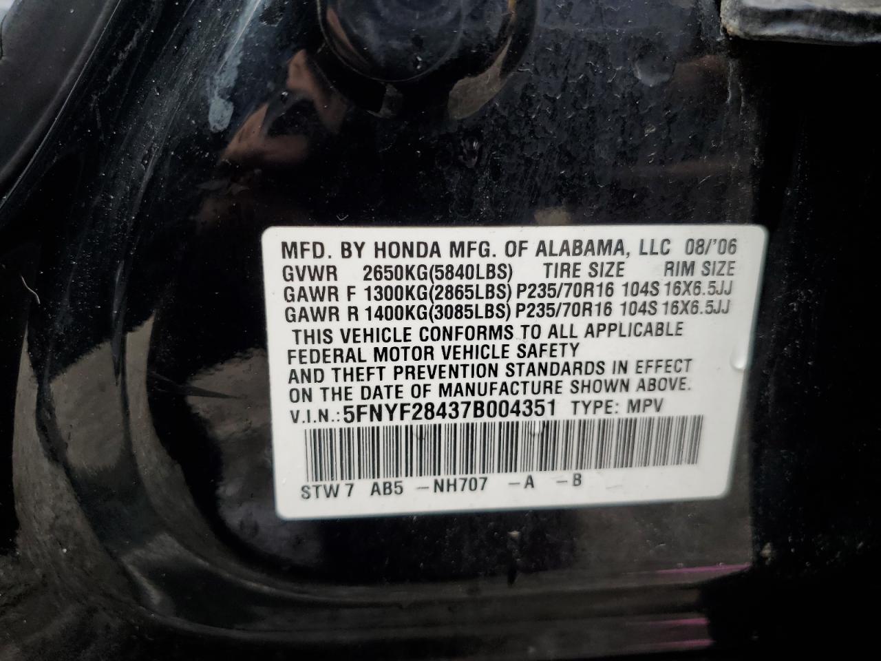 2007 Honda Pilot Ex VIN: 5FNYF28437B004351 Lot: 56585555