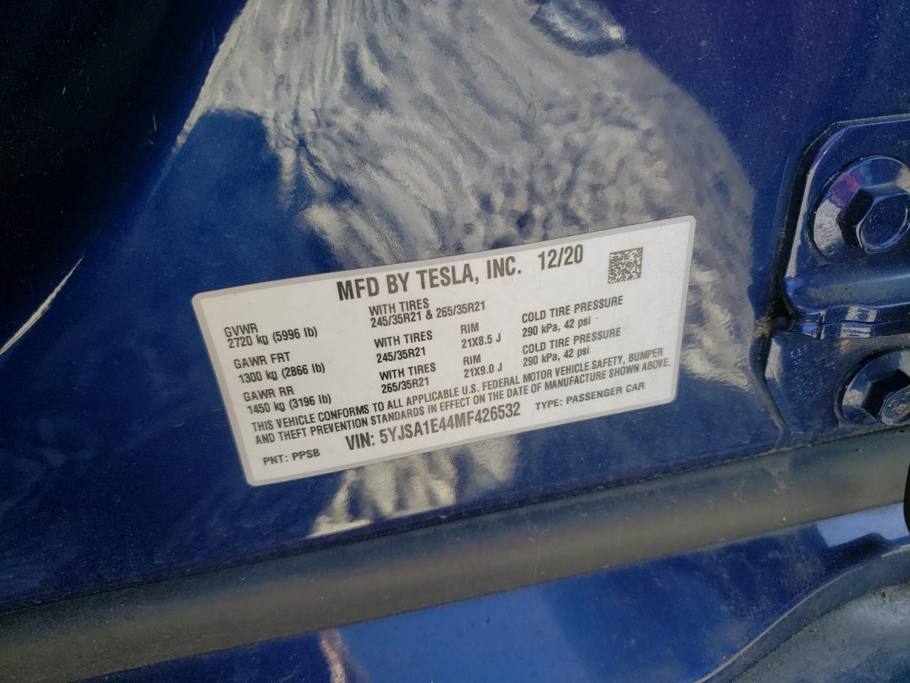 2021 Tesla Model S VIN: 5YJSA1E44MF426532 Lot: 56600895