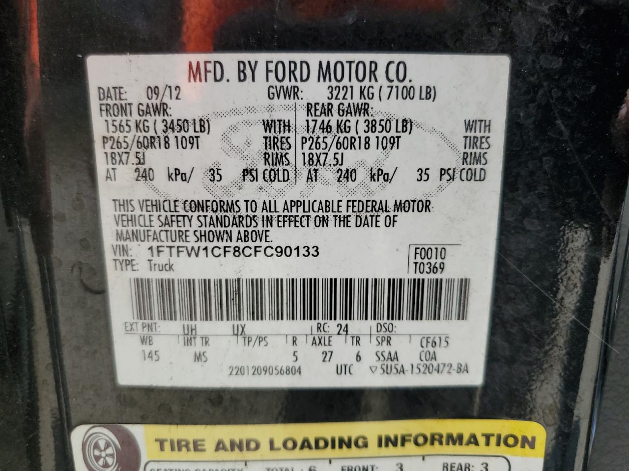 2012 Ford F150 Supercrew VIN: 1FTFW1CF8CFC90133 Lot: 56570935