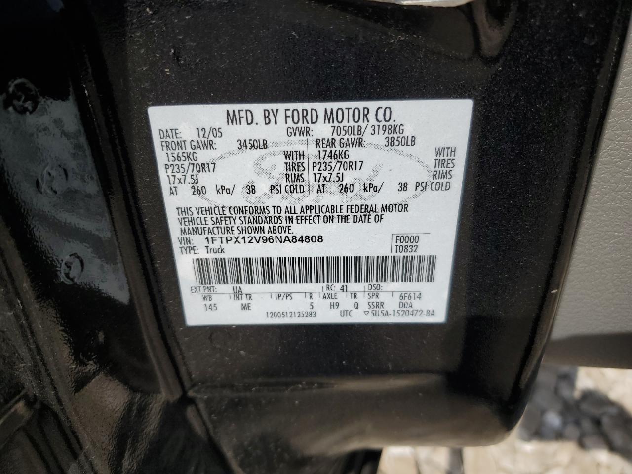 2006 Ford F150 VIN: 1FTPX12V96NA84808 Lot: 56702035