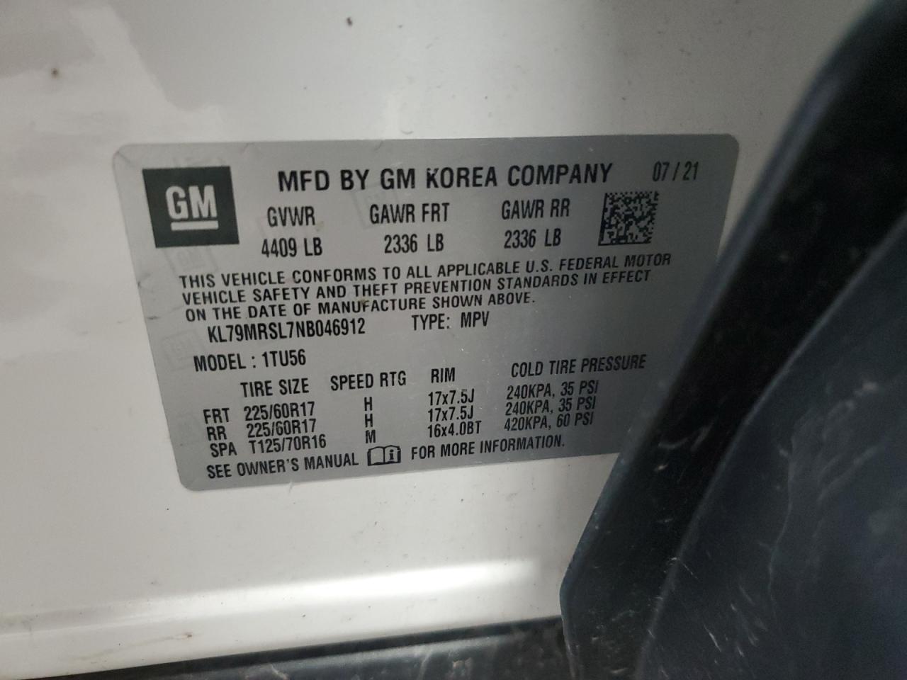 2022 Chevrolet Trailblazer Lt VIN: KL79MRSL7NB046912 Lot: 57269435
