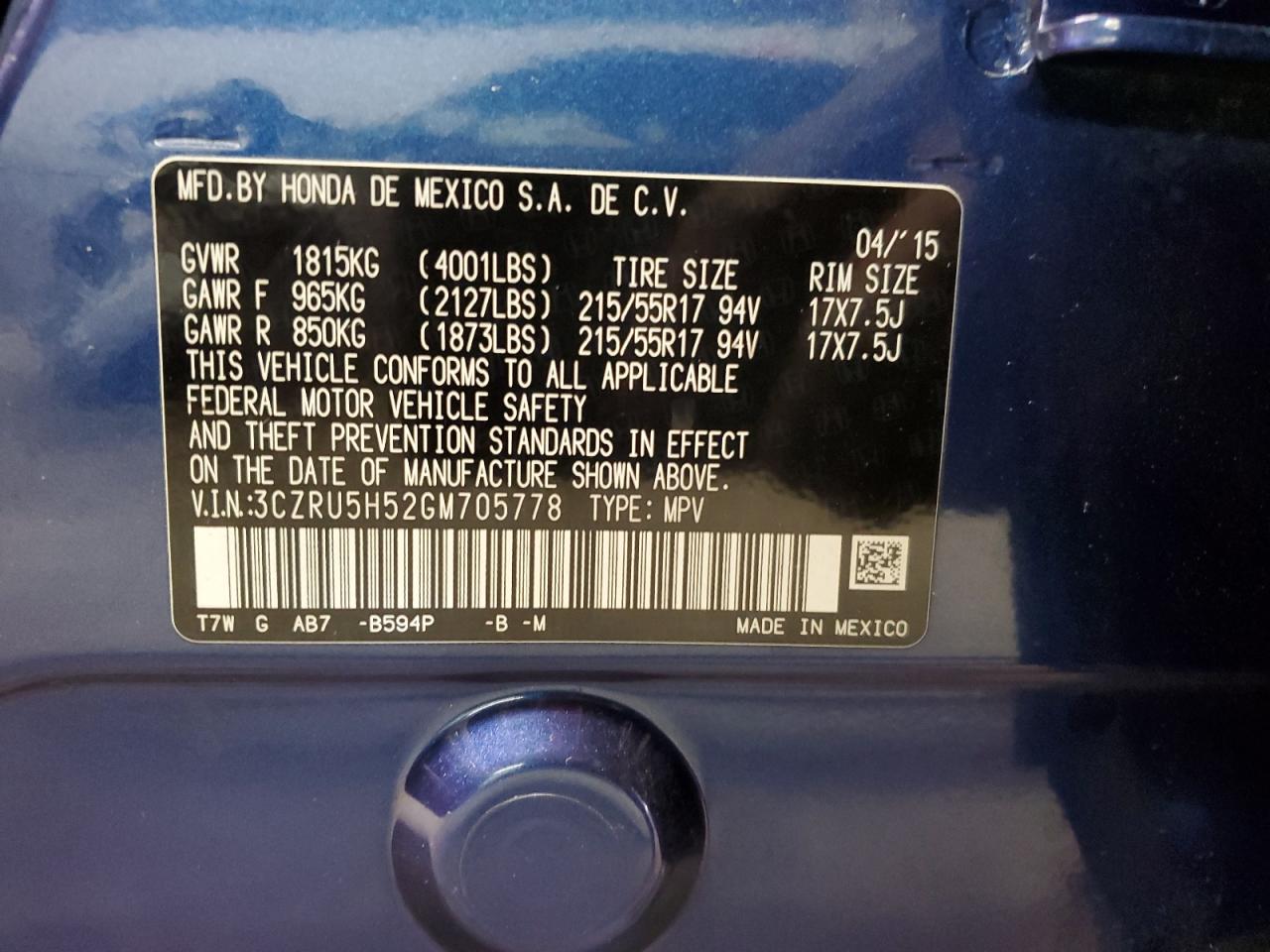 2016 Honda Hr-V Ex VIN: 3CZRU5H52GM705778 Lot: 58713205