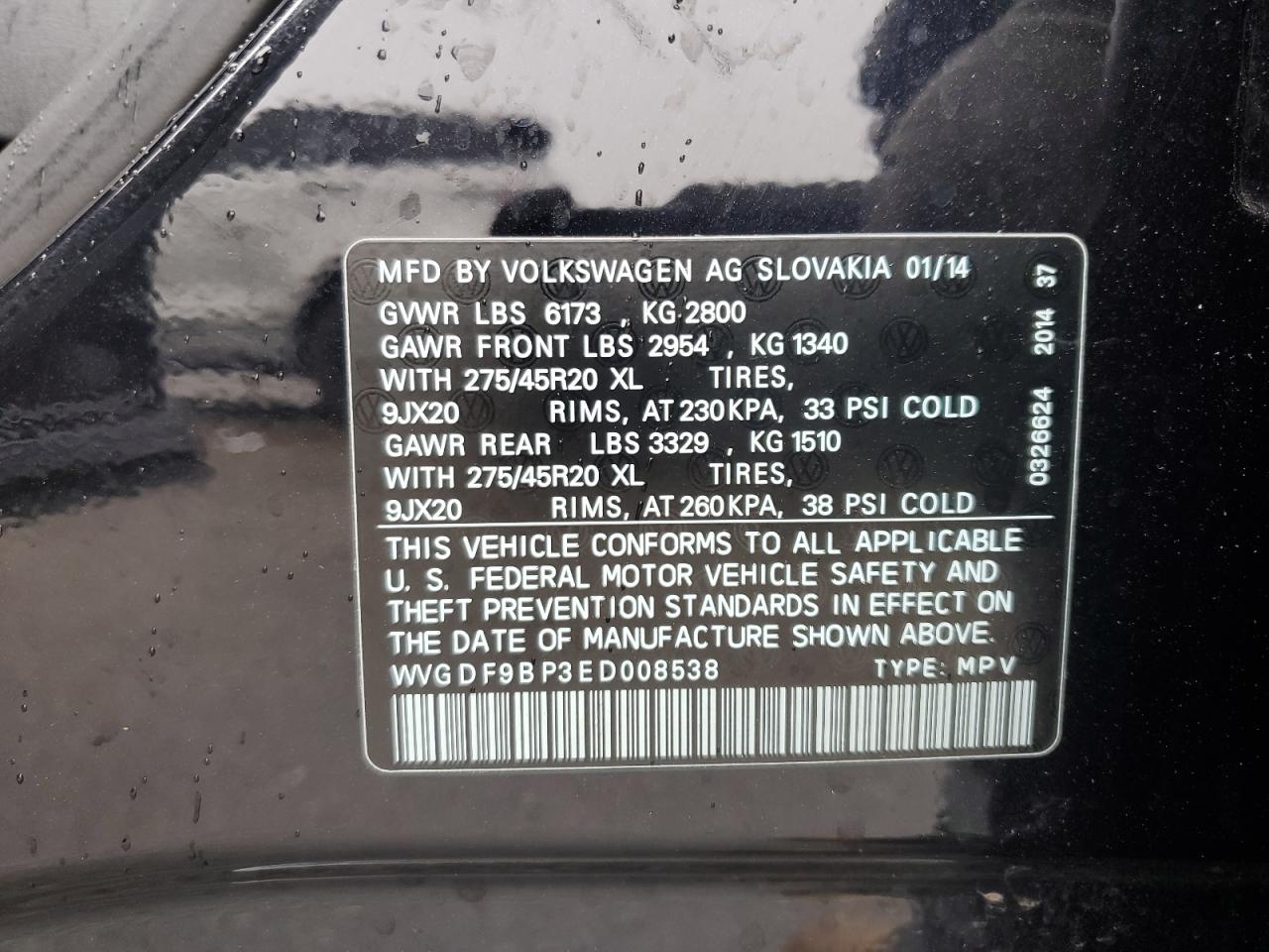 2014 Volkswagen Touareg V6 VIN: WVGDF9BP3ED008538 Lot: 55024235