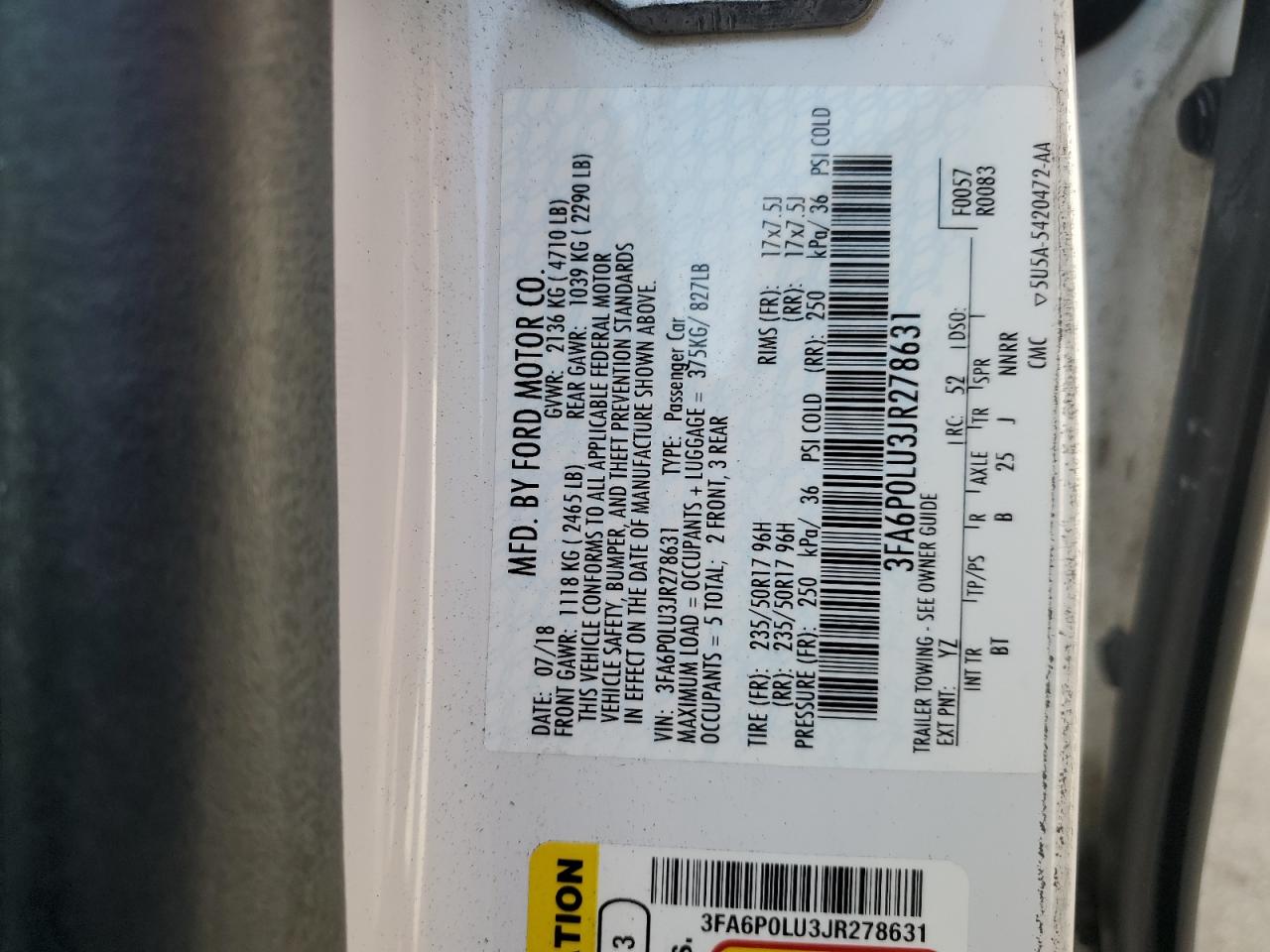 2018 Ford Fusion Se Hybrid VIN: 3FA6P0LU3JR278631 Lot: 54042485