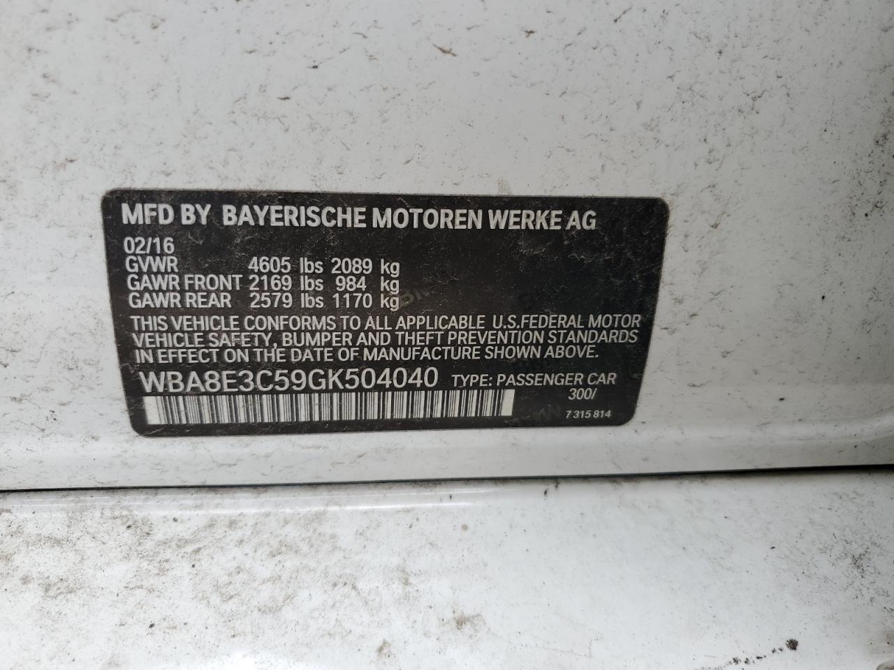 2016 BMW 328 Xi Sulev VIN: WBA8E3C59GK504040 Lot: 54567885