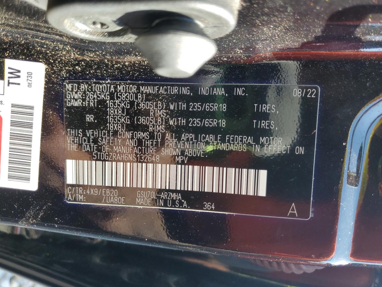 2022 Toyota Highlander Xle VIN: 5TDGZRAH6NS132648 Lot: 57110085
