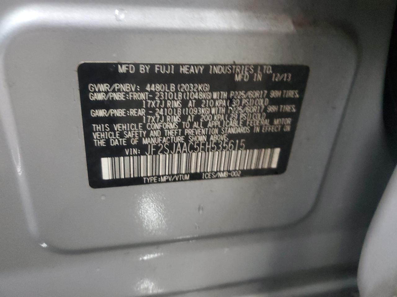 2014 Subaru Forester 2.5I VIN: JF2SJAAC5EH535615 Lot: 56778225