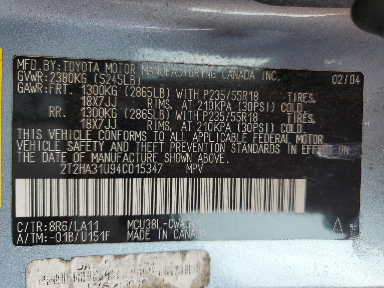 2004 Lexus Rx 330 VIN: 2T2HA31U94C015347 Lot: 56762195