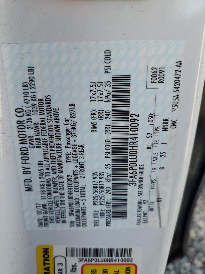 2017 Ford Fusion Se Hybrid VIN: 3FA6P0LU0HR410092 Lot: 54028115