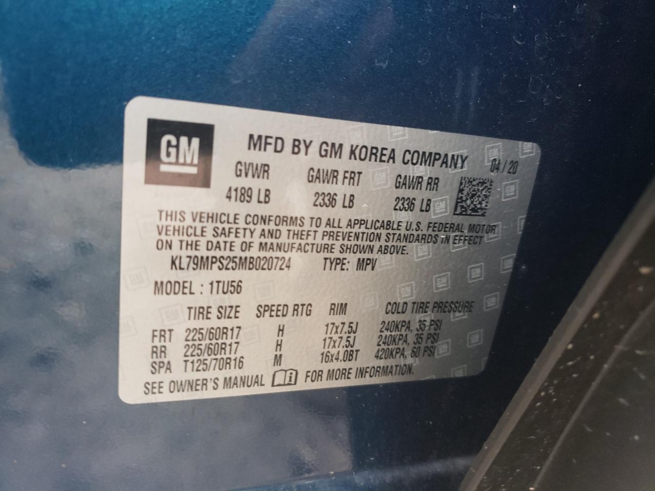 2021 Chevrolet Trailblazer Lt VIN: KL79MPS25MB020724 Lot: 58130335
