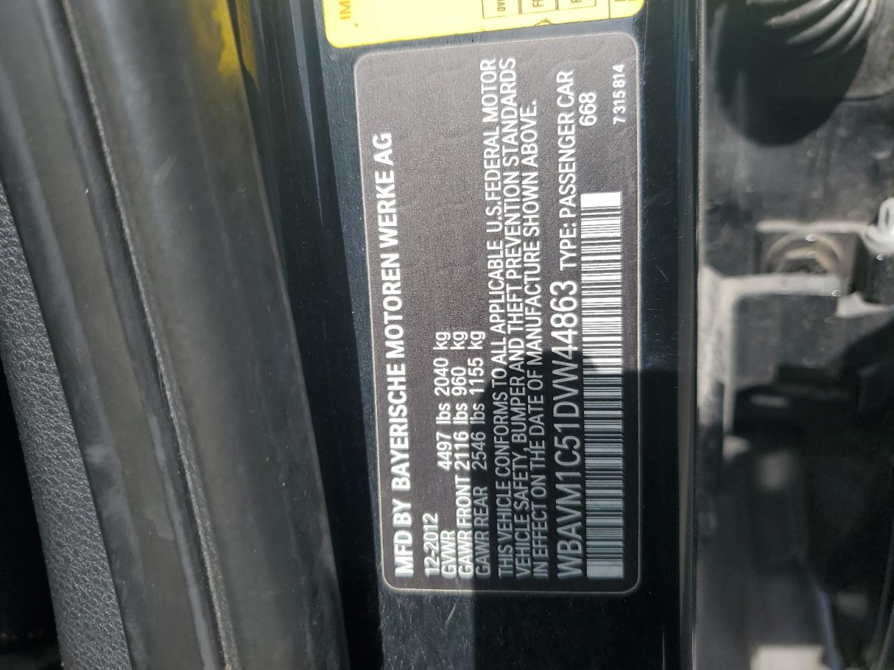 2013 BMW X1 Sdrive28I VIN: WBAVM1C51DVW44863 Lot: 58145185